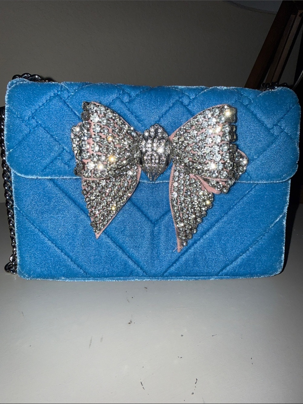 Kurt Geiger Blue Quilted Velvet Crossbody Bag with Crystal Bow